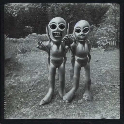 Image similar to polaroid photograph of horrorific alien beings visiting earth, 1 9 5 0