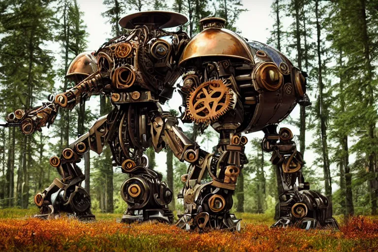 Image similar to steampunk colossal mech battlerobot standing a swedish forest very low angle photograph trending on artstation