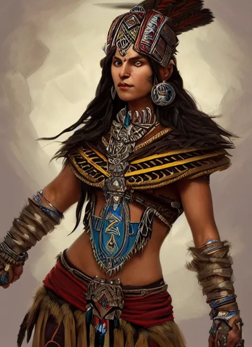 Image similar to portrait of an athletic aztec woman shaman as a diablo 3 character, looking at camera, D&D, alchemy master, long dark hair, intricate, elegant, stylish, cute smile, fantasy, extremely detailed, digital painting, artstation, concept art, smooth, sharp focus, illustration, ambient lighting, art by artgerm and greg rutkowski and alphonse mucha and simon stalenhag