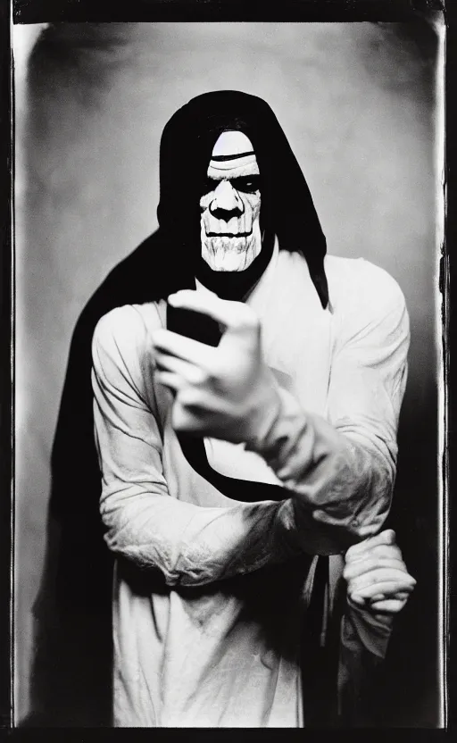 Prompt: kodak portra 4 0 0, wetplate, narrow shot, award - winning black and white portrait by britt marling of boris karloff's the mummy monster wrapped in bandages taking a selfie universal horror movie,