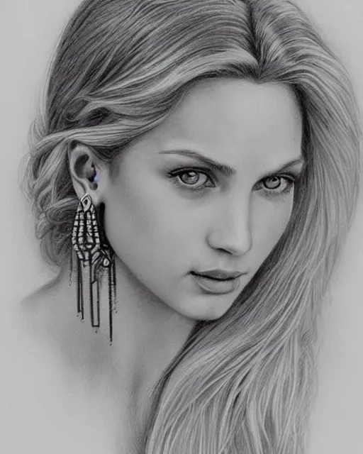 Image similar to pencil drawing of a beautiful greek goddess aphrodite with arrowhead earrings, beautiful piercing eyes, beautiful blonde hair, hyper realistic face, in the style of greg rutkowski, fantasy, amazing detail, epic, elegant, smooth, sharp focus, from the front