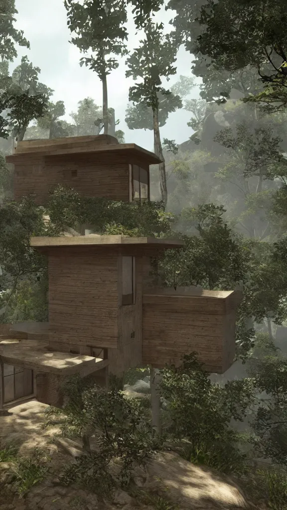 Image similar to a modernist house in the video game myst