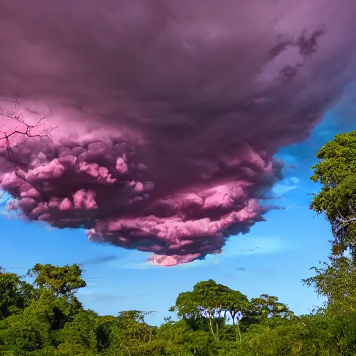 Prompt: it is a large landscape of a dense, jungle habitat. the trees are tall and intertwined. fruit hangs from the overhanging branches. the sky is an ominous dark red, and black and purple storm clouds swirl overhead.