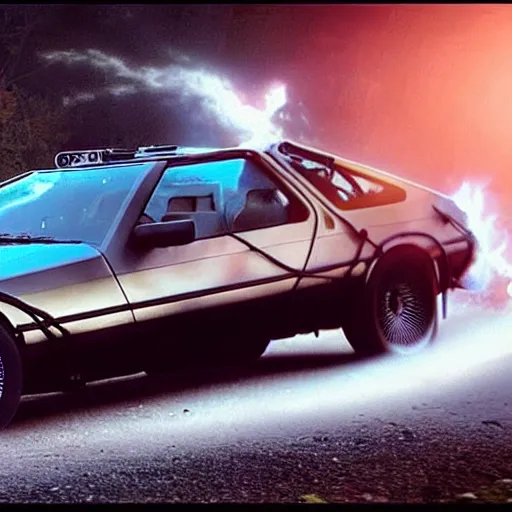 Prompt: a screenshot of the delorean traveling through time at 8 k