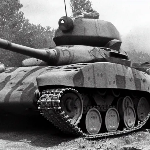 Image similar to a nazi panther tank that has been destroyed, black and white, film grain,