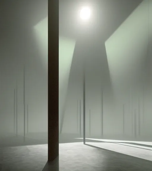 Image similar to the symmetric green linear light in the antartic, volumetric lighting, fog, majestic light, octane render, beauty fog, ethereal glare of the sun, hyperrealistic, epic, masterpiece, by peter zumthor in acid