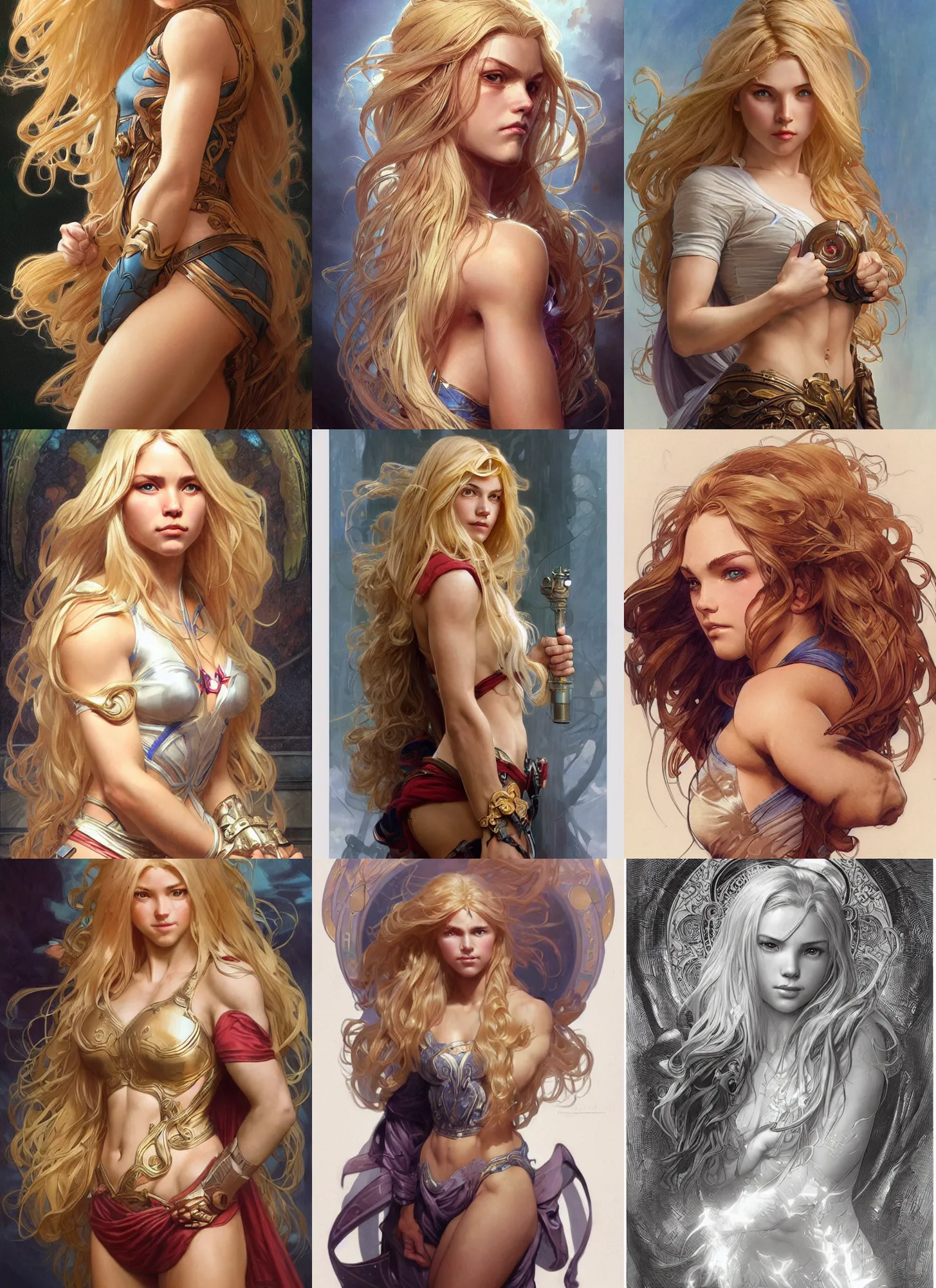 Prompt: a very muscled and young girl with a mischievous face and extremely long blonde wavy hair dressed as superhero, intricate detailed face, artgerm, greg rutkowski, alphonse mucha