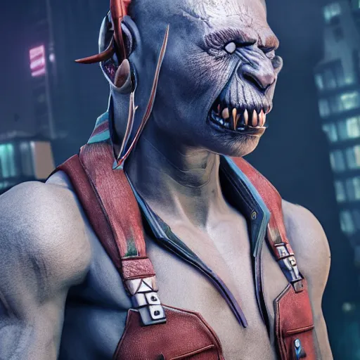 Image similar to hyper realistic cyberpunk orc, perfect face, 8 k, unreal engine, ultra detailed.