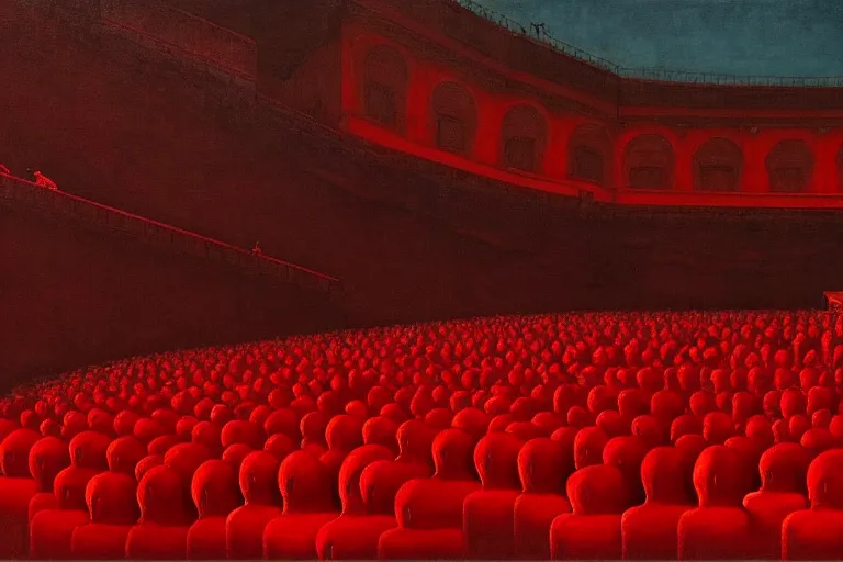 Image similar to only with red, a red great emperor, taormina amphitheatre, expressive crowd hails him, in the style of beksinski, parts by edward hopper, parts by rodcenko, parts by yue minjun, intricate and epic composition, red by caravaggio, insanely quality, highly detailed, masterpiece, red light, artstation, 4 k