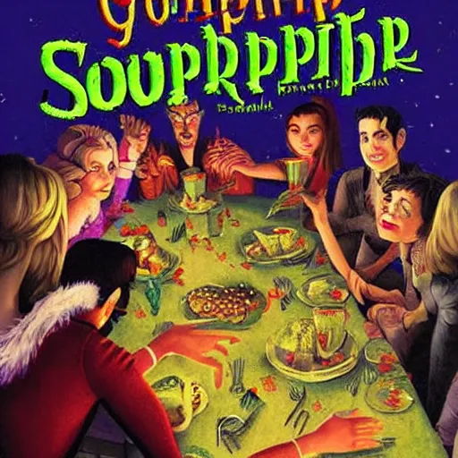 Image similar to goosebumps book cover, werewolf at supper, r l stine