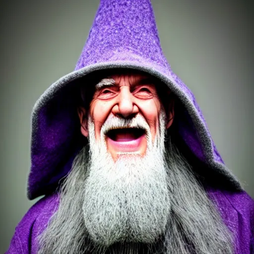 Prompt: an old bald druid wizard with bushy grey eyebrows, long grey hair and wearing a grey wizard hat, disheveled, wise old man, wearing a purple detailed coat, a bushy grey beard, sorcerer, he is a mad old man, laughing and yelling