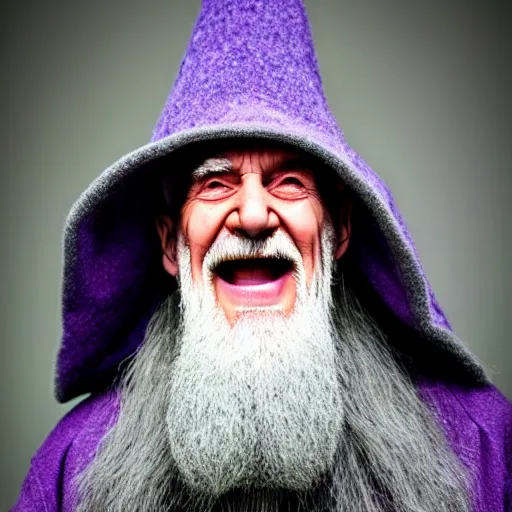 Image similar to an old bald druid wizard with bushy grey eyebrows, long grey hair and wearing a grey wizard hat, disheveled, wise old man, wearing a purple detailed coat, a bushy grey beard, sorcerer, he is a mad old man, laughing and yelling