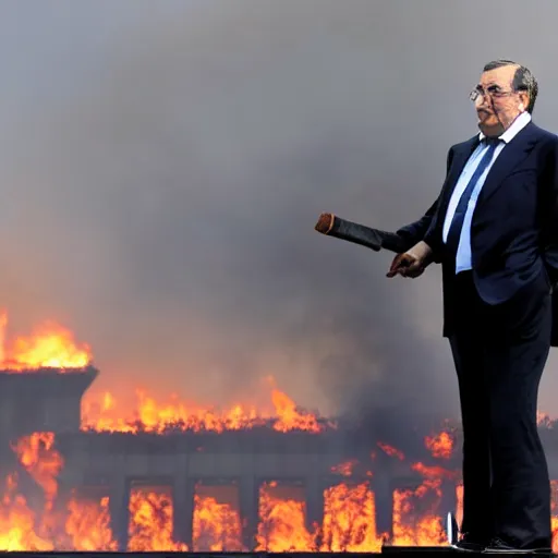 Image similar to high quality picture of florentino perez smoking a cigar, the camp nou burning in the background