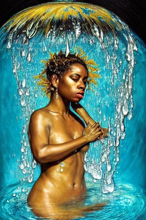 Image similar to hyper realistic precisionist cinematic very expressive! oshun goddess, in water! john everett millais, mirror dripping droplet!, gold flowers, highly detailed face, digital art masterpiece, smooth eric zener cam de leon, dramatic pearlescent turquoise light on one side, low angle uhd 8 k, shallow depth of field