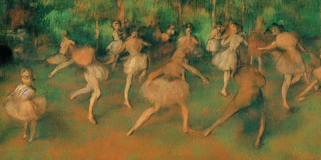 Image similar to tall terrifying green aliens sitting in a circle. in the victorian era. in the style of an impressionist painting. edgar degas