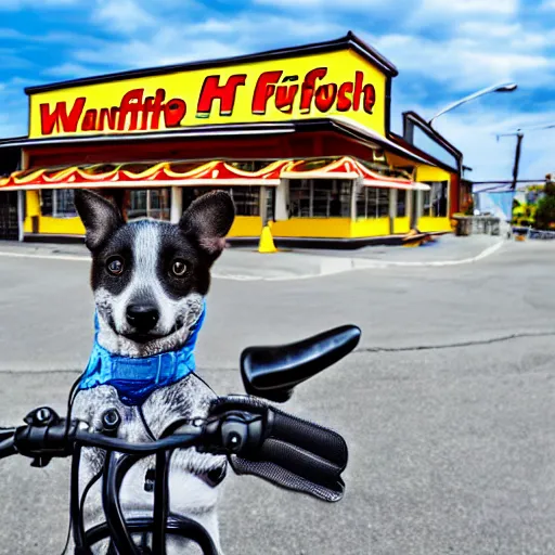 Image similar to blue heeler dog on a motorcycle, 8 k photography, blurred background of a wafflehouse