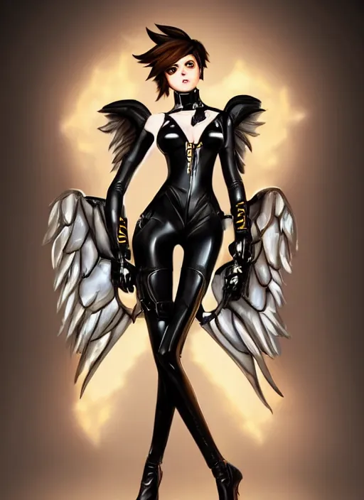 Image similar to full body artwork of tracer overwatch, wearing black latex outfit, in style of mark arian, angel wings, dramatic painting, wearing detailed leather collar, black shiny armor, chains, black harness, detailed face and eyes,