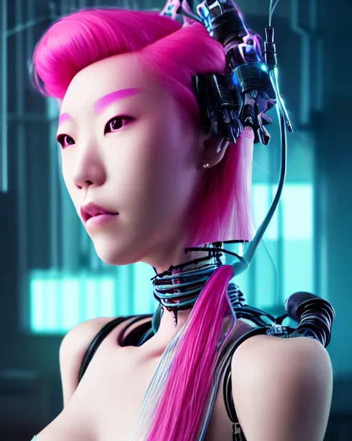 Image similar to portrait of a beautiful japanese woman with pink hair as a cyberpunk cyborg half robot, revealing wires and electronics, hooked - up, sci - fi, missing panels, intricate abstract upper body intricate artwork, concept art, octane render, deviantart, cinematic, key art, hyperrealism, iridescent accents, portrait photograph, nikon 3 5 mm, photograph by greg rutkowski