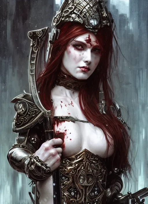 Prompt: portrait of beautiful pale gothic muscular maiden with sword, covered in blood, warhammer 40000, cyberpunk, intricate, elegant, highly detailed, digital painting, artstation, concept art, smooth, sharp focus, illustration, art by artgerm and greg rutkowski and alphonse mucha and Gustav Klimt and Ilya Kuvshinov