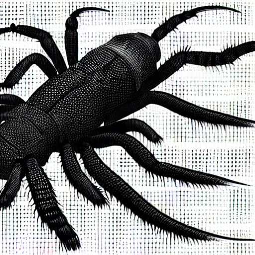 Image similar to book illustration of a tarantula with a machine gun. book illustration, monochromatic, white background, black and white image