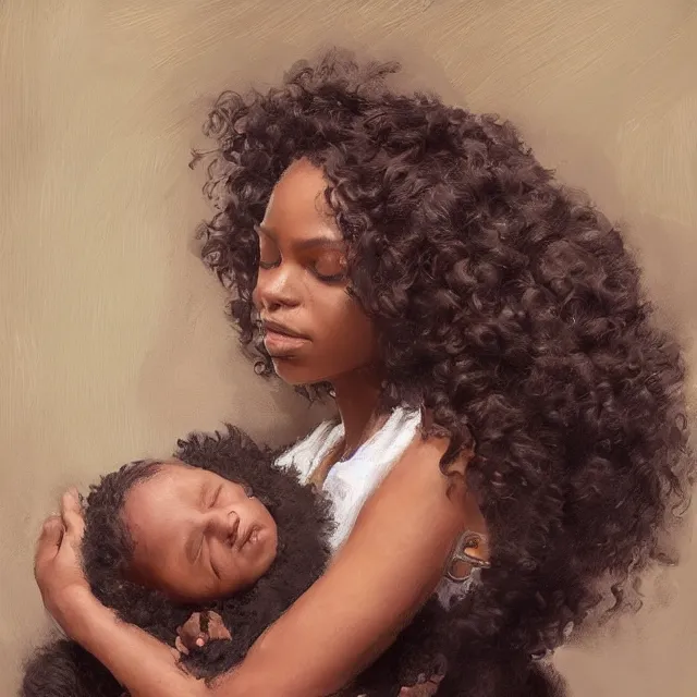 Prompt: 2 0 year old black woman with curly hair, with a small black puppy besides her, and a newborn baby in her arms, portrait, elegant, intricate, digital painting, artstation, concept art, smooth, sharp focus, illustration, art by konstantin korovin and daniel f. gerhartz and john howe