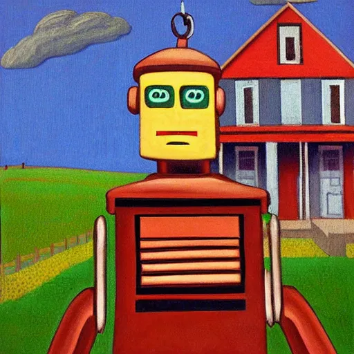 Image similar to robot portrait farmland, grant wood, american gothic from grant wood style