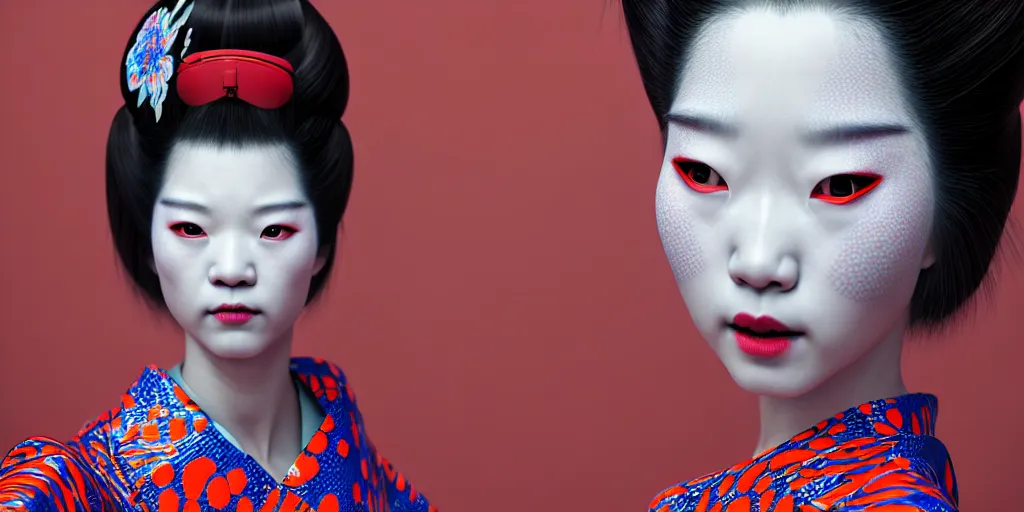 Image similar to hyperrealistic detailed image of a geisha in a art installation room, hd smooth interior by yayoi kusama, part by kei mieno, part by ross tran, dark art by james jean, ultra realistic, highly detailed, life like face, detailed body, 8 k, 3 d render by roger magrini, masterpiece