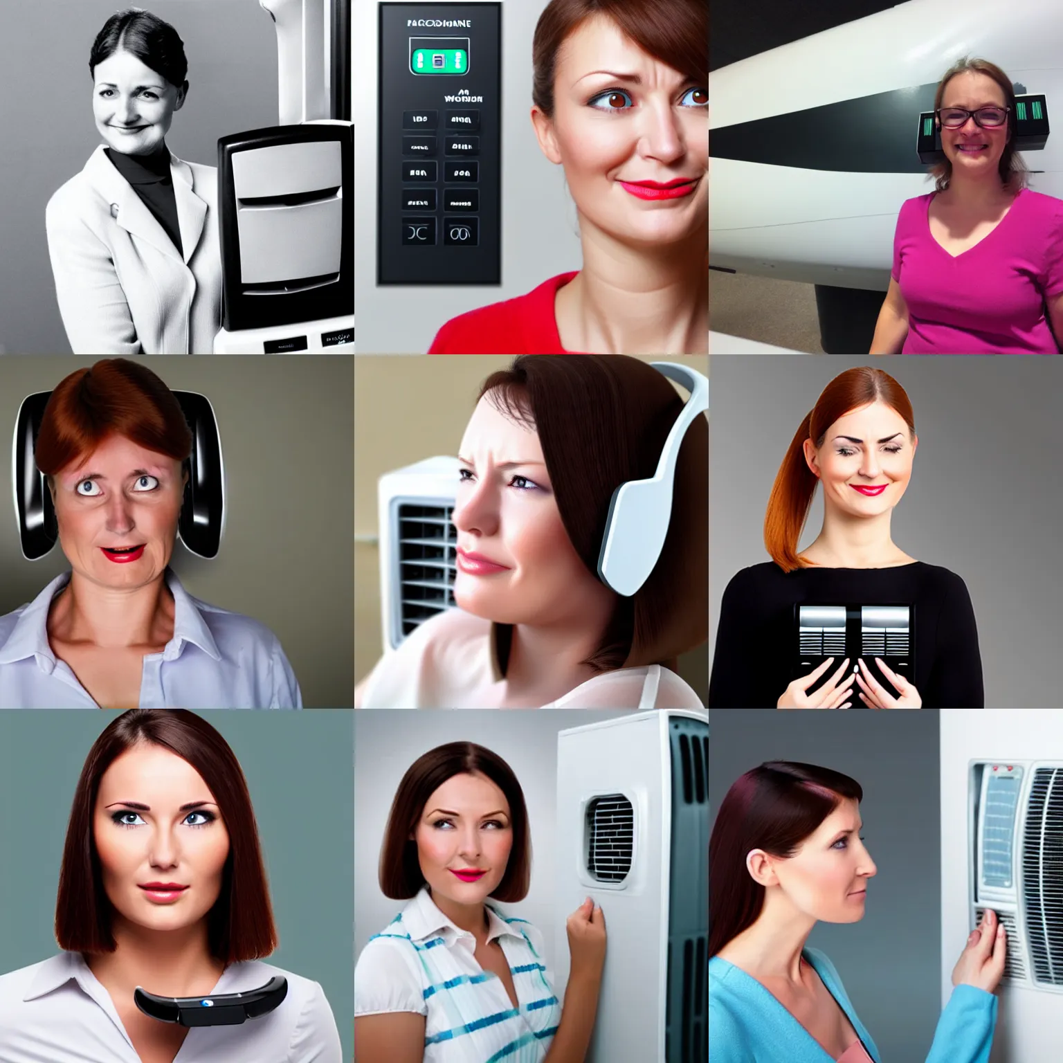 Prompt: a woman with the face of an aeroplane air conditioning controller.