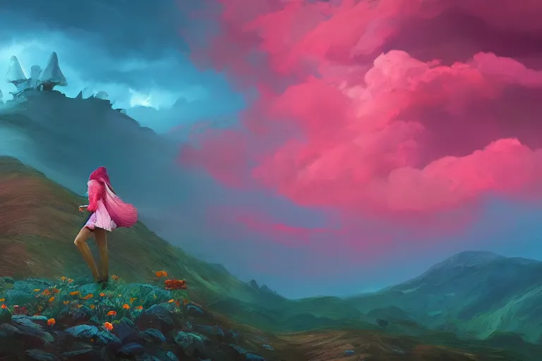 Prompt: face covered giant dahlia flower, girl on mountain, surreal photography, blue storm clouds, dramatic light, impressionist painting, digital painting, artstation, simon stalenhag