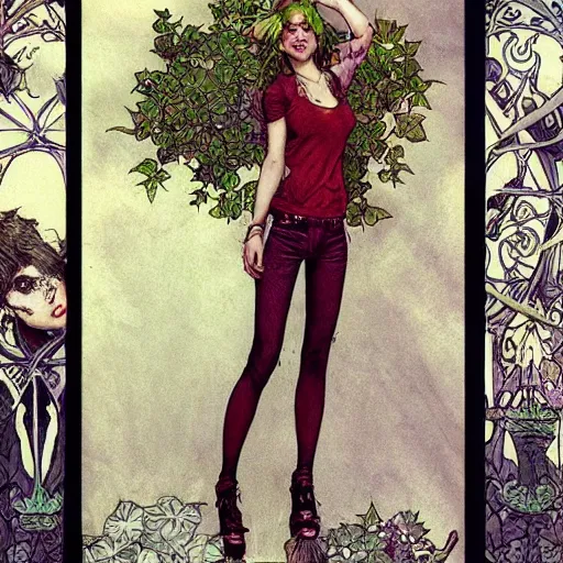 Image similar to a beautiful and detailed matte painting of a poison ivy dressed casually in jeans and a nirvana t - shirt from hot topic, food court in a mall, dark eyeliner, intricate, elegant, highly detailed, digital painting, artstation, concept art, matte, sharp focus, illustration, art by rebecca guay and by arthur rackham and by alphonse mucha and by john william waterhouse