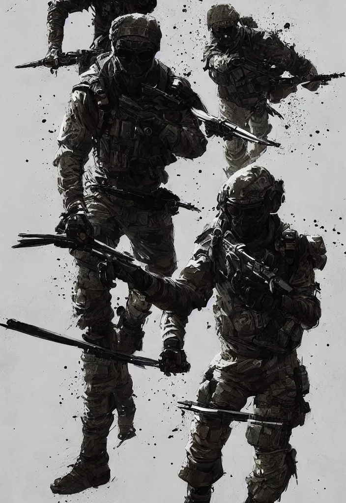 Image similar to Private Military Operative holding combat knife in combat stance by Greg Rutkowski hyper detailed modern European ink painting, a masterpiece, symmetry, by Johnson Ting, Steven Blomkamp, Daniel Hahn