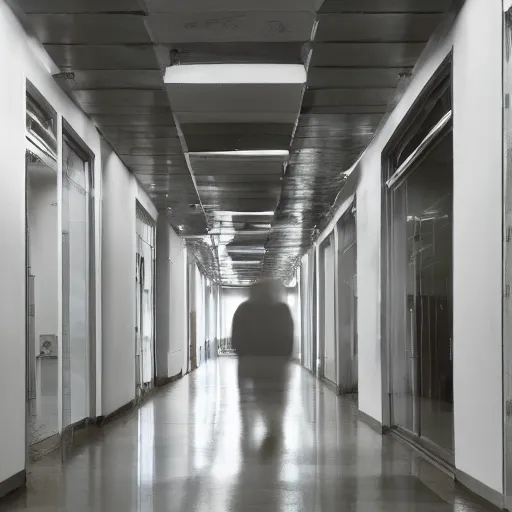 Prompt: Beautiful soft liminal Photograph of an infinite infinite office hallway, water on the floor