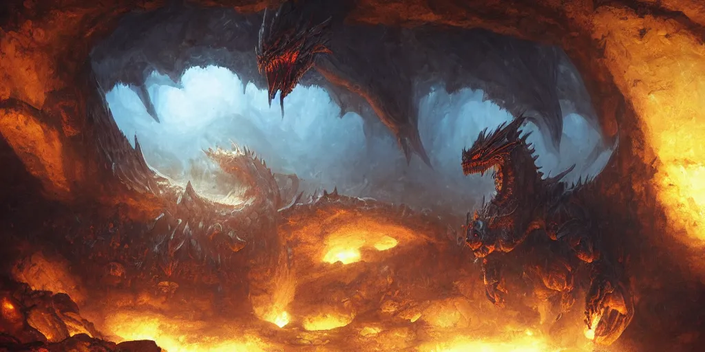 Image similar to closed up oil painting of one deathwing dragon from world of warcraft in a cave by greg rutkowski