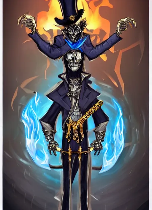 Image similar to DND character art, skeletal male figure, wearing a deep black suit!!! and tie and top hat, holding a gold! cane!, blue flames in background, blue flames