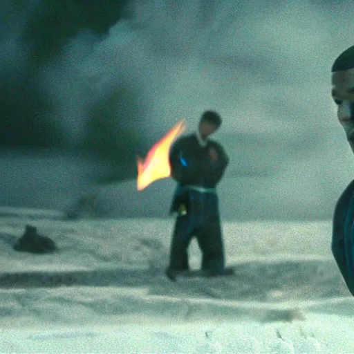 Image similar to cinematic film still of Chris Brown starring as a Japanese Sensei with fire, Japanese CGI, VFX, 2003, 40mm lens, shallow depth of field, film photography