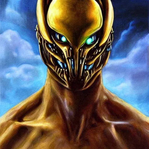 Image similar to a beautiful portrait painting of predator movie alien wearing a samurai. high renaissance.