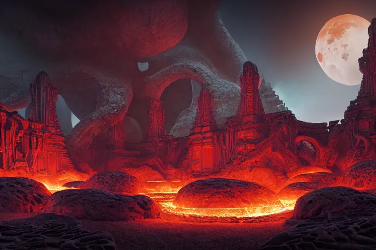 Image similar to beautiful hyperrealistic hyperdetailed epic hdr 3 d render by octane of the mysterious intricate ruins of a temple from an advanced alien starwars civilization under the crescent moon with rimlight with rivers of molten lava by alejandro burdisio and george ines, dramatic lighting