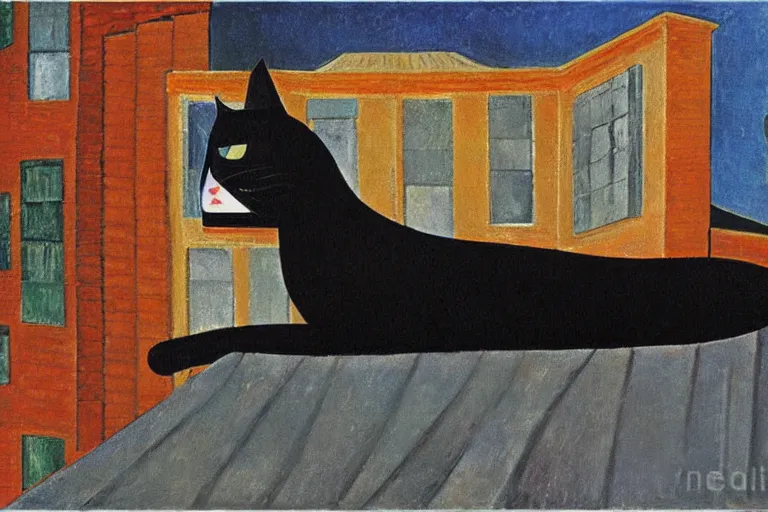 Prompt: black cat on the roof by modigliani by alex grey