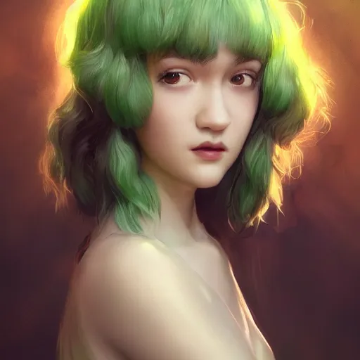 Prompt: julia garner starring as a green winged angel with dark hair, made by stanley artgerm lau, wlop, rossdraws, artstation, cgsociety, concept art, cgsociety, octane render, trending on artstation, artstationhd, artstationhq, unreal engine, 4 k, 8 k