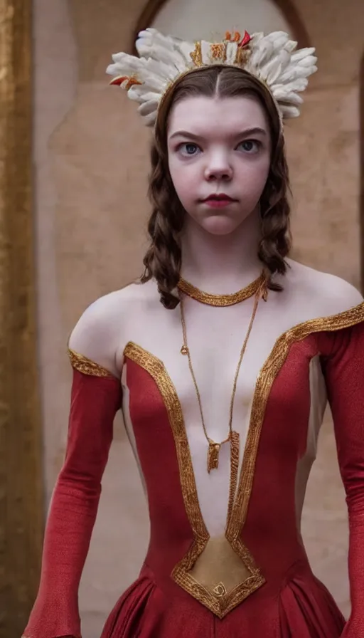 Image similar to dressed anya taylor - joy as goddess of the communism, symmetrical, cinematic, elegant, real photography, 4 k, ultra hd, sense of awe