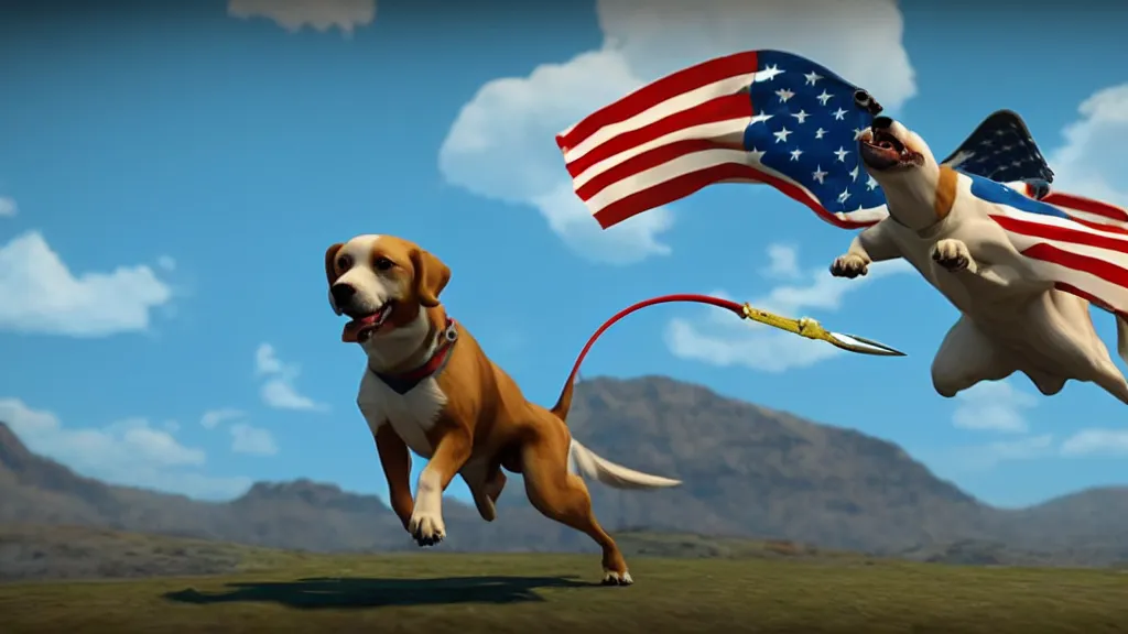 Image similar to a dog with a trident flying with a bald eagle, patriotic, highly detailed, unreal engine