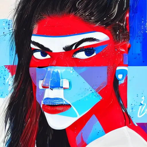 Prompt: close up portrait Zendaya as a futuristic ice hockey player, blue red and white, painted by Conrad Roset, detailed brushstrokes