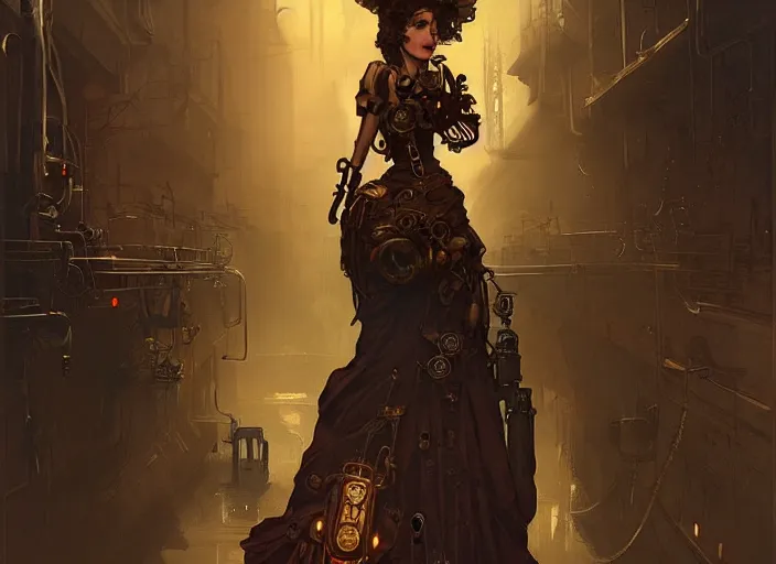 Image similar to woman model, steampunk!!! and modern, rgb, scary!!!! sewers!!!, backlit, elegant, highly detailed, digital painting, artstation, concept art, smooth, sharp focus, illustration, art by krenz cushart and artem demura and alphonse mucha