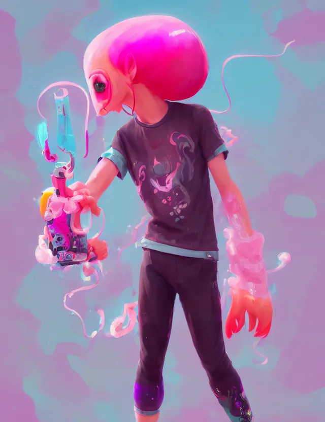 Image similar to a beautiful fullbody portrait of a cute splatoon male inkling with pink hair wearing tshirt leggings under sport shorts. character design by cory loftis, fenghua zhong, ryohei hase, ismail inceoglu and ruan jia. artstation, volumetric light, detailed, photorealistic, fantasy, rendered in octane