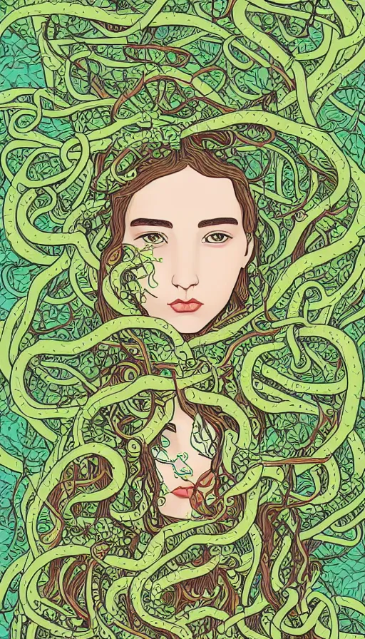 Image similar to very detailed portrait of a 2 0 years old girl surrounded by tentacles, the youg woman visage is blooming from fractal and vines, by kurzgesagt,