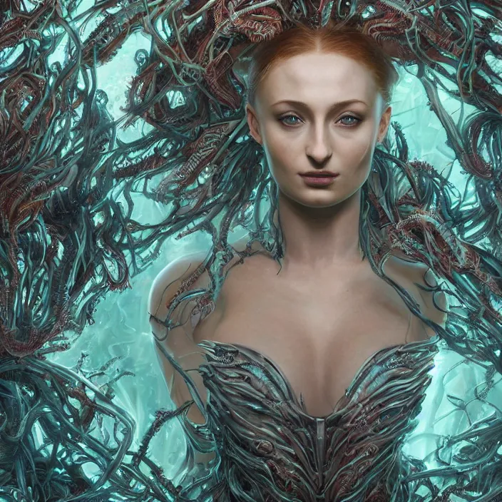 Prompt: portrait of Sophie Turner as Kerrigan Queen of Blades. intricate abstract. intricate artwork. nightmare fuel. by Tooth Wu, wlop, beeple, dan mumford. octane render, trending on artstation, greg rutkowski very coherent symmetrical artwork. cinematic, hyper realism, high detail, octane render, 8k, iridescent accents