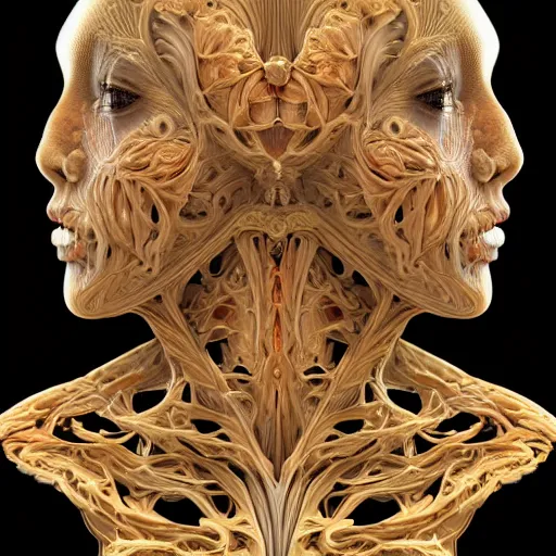 Image similar to beatifull frontal face portrait of a woman, 150 mm, anatomical, flesh, flowers, mandelbrot fractal, facial muscles, veins, arteries, symmetric, intricate, golden ratio, full frame, microscopic, elegant, highly detailed, ornate, ornament, sculpture, elegant , luxury, beautifully lit, ray trace, octane render in the style of peter Gric , alex grey and Romero Ressendi