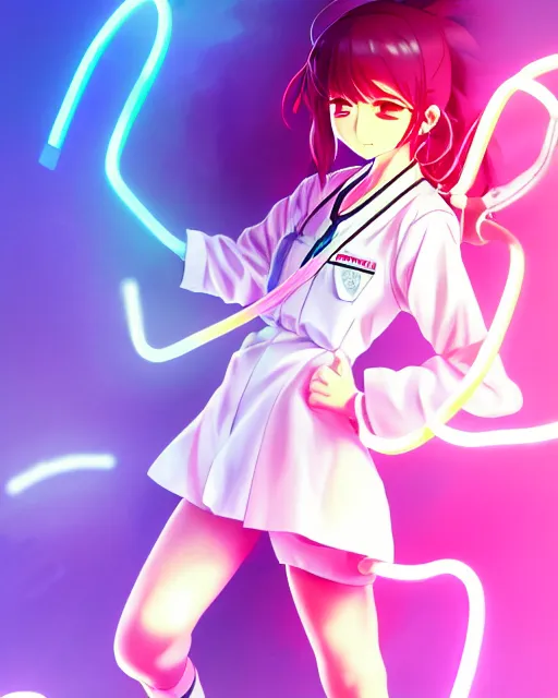 Prompt: anime style, vivid, expressive, full body, 4 k, painting, a cute magical girl with a long wavy hair wearing a nurse outfit, correct proportions, stunning, realistic light and shadow effects, neon lights, centered, simple background, studio ghibly makoto shinkai yuji yamaguchi