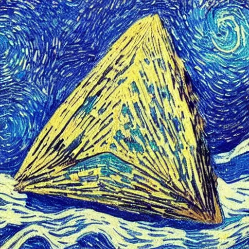 Image similar to pyramids in the middle of the ocean with planet people van gogh