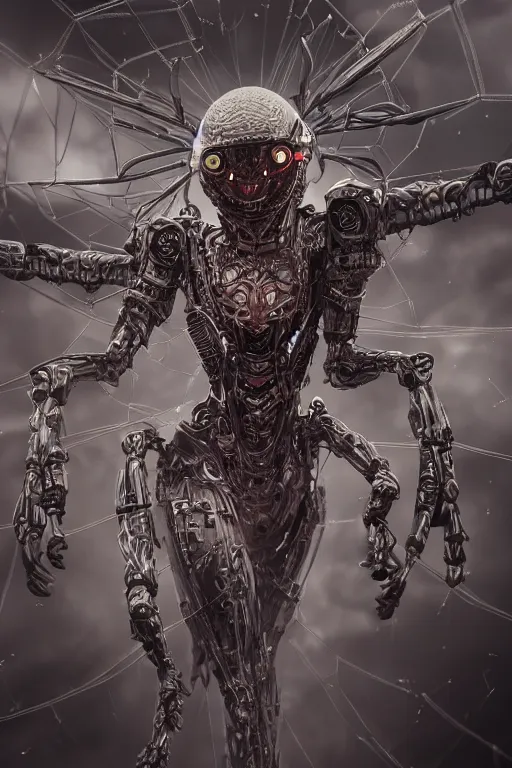Prompt: ultra realist and ultra intricate detailed soft painting of an beautiful armored arachne biomechanical body, symmetry features, sensual gloomy style, volumetric clouds, cyberpunk background, artstation, unreal render, depth of field